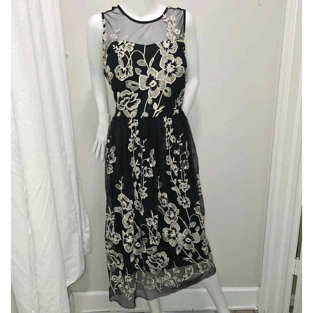 ECI New York Black Gold Embroidered Mesh Midi Dress Sleeveless Size‎ 12 NWT